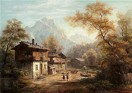 Bauernpaar und Schäfer mit Herde im Gebirge