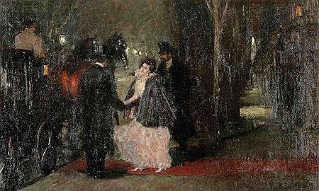 "Nach dem Balle. Abschied vor der Droschke"