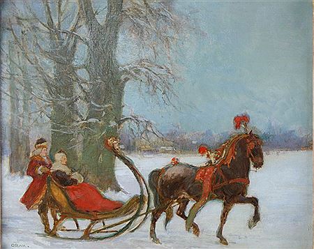 Darstellung einer winterlichen Schlittenfahrt vor Schloss Hellbrunn