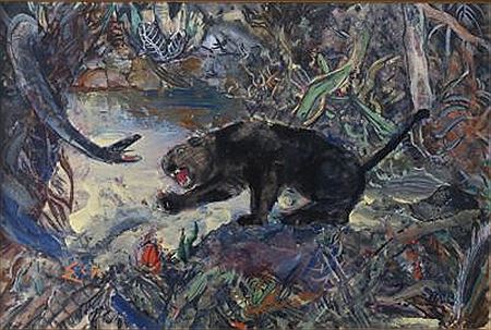 Darstellung eines schwarzen Panthers im Kampf mit einer Schlange im Dschungel