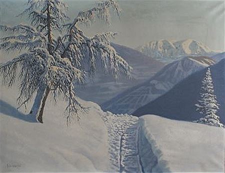 Darstellung eines kleinen Weges im tiefsten Winter, im Weitblick die Alpen