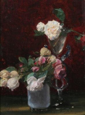 ROSES AND GLASSES ON A TABLETOP by Marie de Bievre - Auction record, sale price, and art valuation. Compare with similar artists and explore comparable artworks.