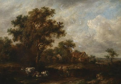 LANDSCAPE WITH THATCHED HOME AND COWS