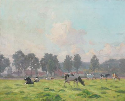 COWS IN SPRING MEADOW WITH DISTANT VILLAGE by Gerard Jacobs - Auction record, sale price, and art valuation. Compare with similar artists and explore comparable artworks.