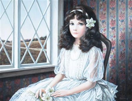 PORTRAIT OF GIRL WITH WHITE LILIES AND PEARLS