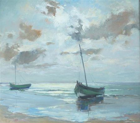 TWO ROWBOATS BEACHED ON AN OCEAN SHORELINE UNDER AN OVERCAST SKY by Piero Antonio Gariazzo - Auction record, sale price, and art valuation. Compare with similar artists and explore comparable artworks.