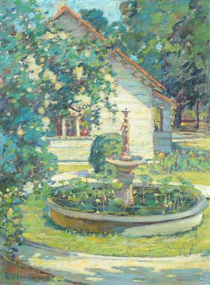 IMPRESSIONIST SPRING VIEW OF A GARDEN POOL WITH WATER LILIES AND A CENTRAL FOUNTAIN WITH A STANDING FIGURE IN THE CENTER, NEXT TO A WHITE COTTAGE IN NEW ORLEANS