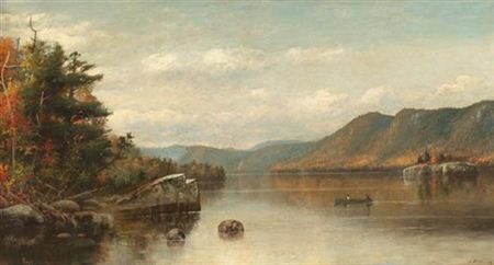 HUDSON RIVER SCHOOL LANDSCAPE OF TWO MEN BOATING ON LAKE CHAMPLAIN, NY