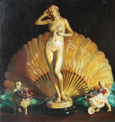 STILL LIFE WITH BIRD STATUARY and STILL LIFE WITH FIGURAL STATUES: PAIR