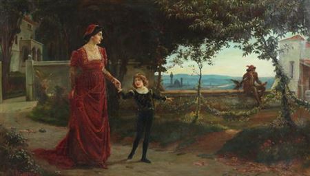 LADY IN RED WITH CHILD AND COURTIER
