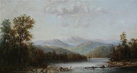 LANDSCAPE WITH DISTANT MOUNTAINS AND CRANE