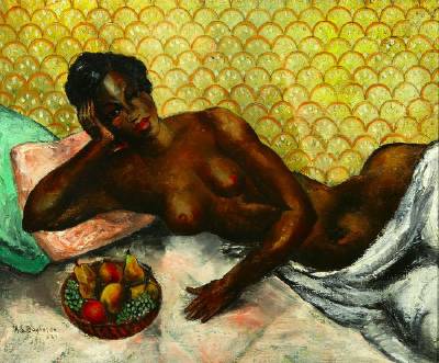 Reclning Nude Black Woman with Bowl of Fruit