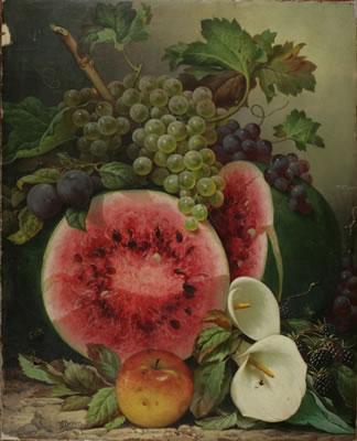STILL LIFE WITH WATERMELON, FRUIT AND CALLA LILLIES