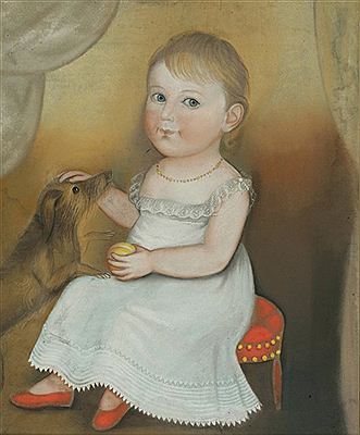 Portrait of a Young Child in a White Dress and Red Shoes with Peach and Dog