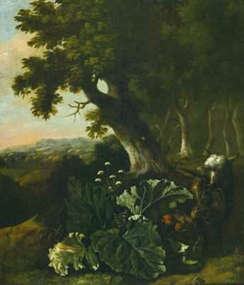Wooded landscape with thistles and a goat - Wooded landscape with wild flowers and a goat (pair