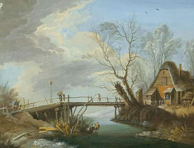 Winterlandschaft mit Hütte und Steg