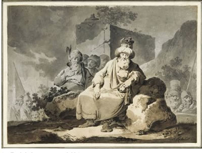 Orientalen in bergiger Landschaft.