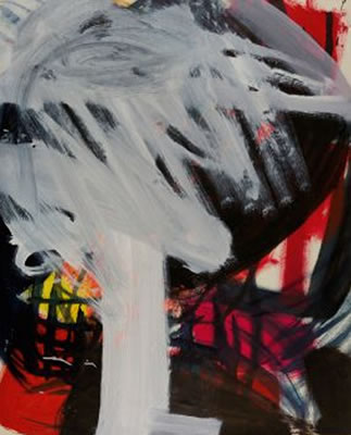 Ohne Titel (Weiße Figur auf Rot, Schwarz, Gelb und Blau).