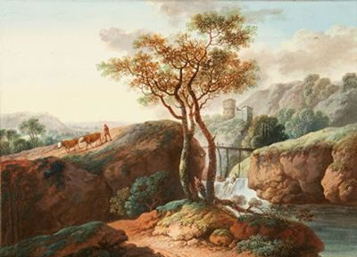 2 Bll.: Bergige Landschaft mit einem Mönch und einer Klause an einem Wildbach - Gebirgige Landschaft mit einem pflügenden Bauern und einer Burgruine im Hintergrund.