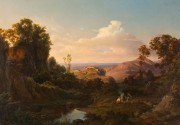 Zwei Jäger bei der Rast an einem schattigen Gebirgsbach, im Hintergrund antike Ruinen in der Abendsonne. by Edmund Worndle von Adelsfried - Auction record, sale price, and art valuation. Compare with similar artists and explore comparable artworks.