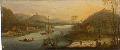 Weite, hügelige Flusslandschaft mit Lastkahn und Ruderbooten. by Johann Friedrich Weitsch - Auction record, sale price, and art valuation. Compare with similar artists and explore comparable artworks.