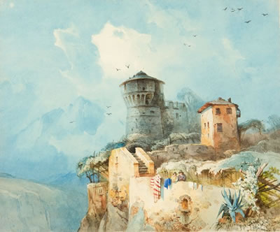 Paar vor einem Wehrturm in Italien.