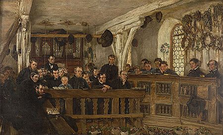 Ostermorgen: Männerchor auf der Empore einer Dorfkirche.
