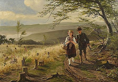 Landschaft im Thüringer Wald: Jäger und junge Frau in Tracht im Gespräch einen Höhenweg entlanglaufend. 1896.