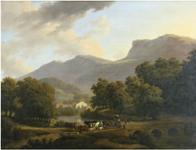 Site composé et animé du pont de l'Isle et du cours de la Venoge au soleil couchant