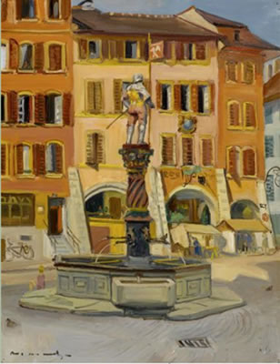 Pair of paintings: "Fontaine dans la vieille ville de Bienne" [Fountain in the old town of Bienne].
