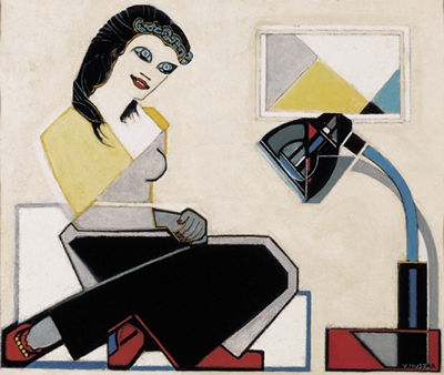 Young Woman with Geometrical Picture and Bauhaus Lamp