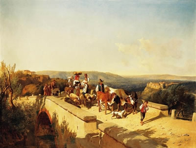 Italian family crossing a bridge in an Italian landscape