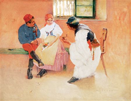 Courtship, c. 1892 by Simon Hollosy - Auction record, sale price, and art valuation. Compare with similar artists and explore comparable artworks.