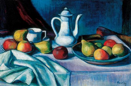 Still-Life with Jar and Fruits, c. 1915 by Janos Kmetty - Auction record, sale price, and art valuation. Compare with similar artists and explore comparable artworks.