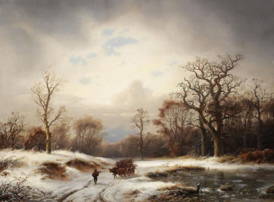 Winterlandschaft. Verschneite Waldlichtung mit zugefrorenem Altwasser
