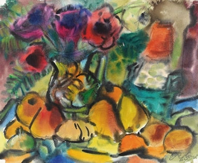 Bemalter Blumenkrug mit Obst und Weinflasche I