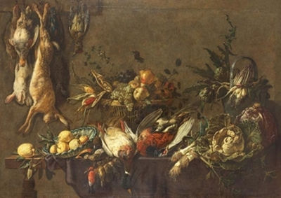 Küchenstillleben mit erlegtem Wild, Früchten und Gemüse