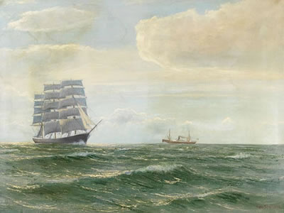 Vollschiff und Dampfer auf See