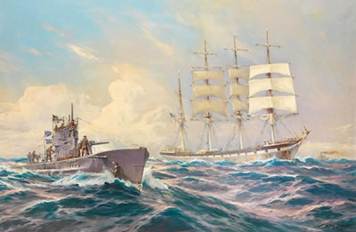 Ein deutsches U-Boot fordert eine Viermast-Bark zum Beidrehen auf by Willy Stower - Auction record, sale price, and art valuation. Compare with similar artists and explore comparable artworks.