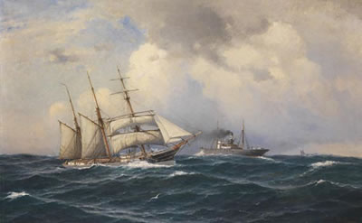 Ein Dreimast-Topsegelschoner begegnet einem Dampfer auf hoher See by Franz Herpel - Auction record, sale price, and art valuation. Compare with similar artists and explore comparable artworks.