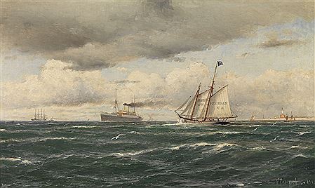 Lotsenschoner, Passagierdampfer und Großsegler vor der Küste von Vlissingen, 1912 by Franz Herpel - Auction record, sale price, and art valuation. Compare with similar artists and explore comparable artworks.