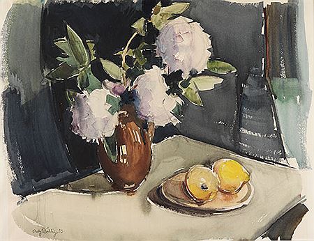 Stillleben mit Früchten und Bauernrosen. 1953