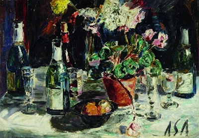 Tisch mit Flaschen, Gläsern und Topfblume by Albert Schiestl-Arding - Auction record, sale price, and art valuation. Compare with similar artists and explore comparable artworks.