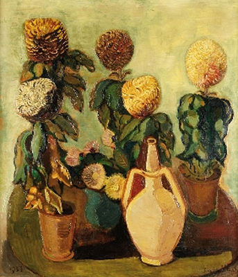 Stillleben mit Chrysanthemen und Krug. 1937.