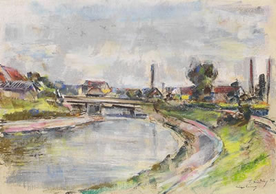 Flusslauf mit Brücke (Augsburg)
