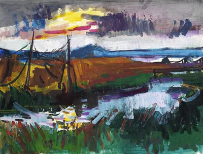 Seenlandschaft mit Fischerbooten