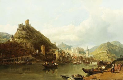 Stadt am Rhein mit Blick auf die Burgen "Katz" und "Maus