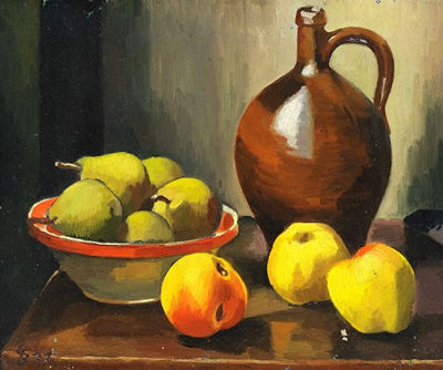 Stillleben mit Äpfeln, Birnen und Krug