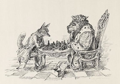 Löwe und Fuchs beim Schach