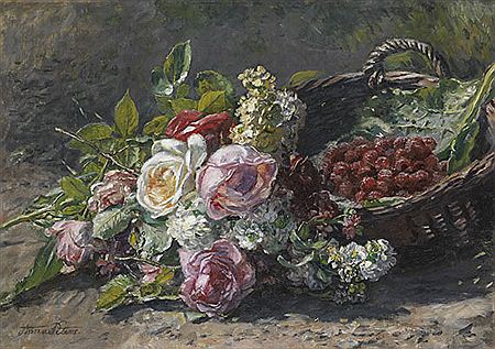 Blumenstillleben mit Rosen und einem Weidenkorb mit Himbeeren, 1880. by Anna Peters - Auction record, sale price, and art valuation. Compare with similar artists and explore comparable artworks.